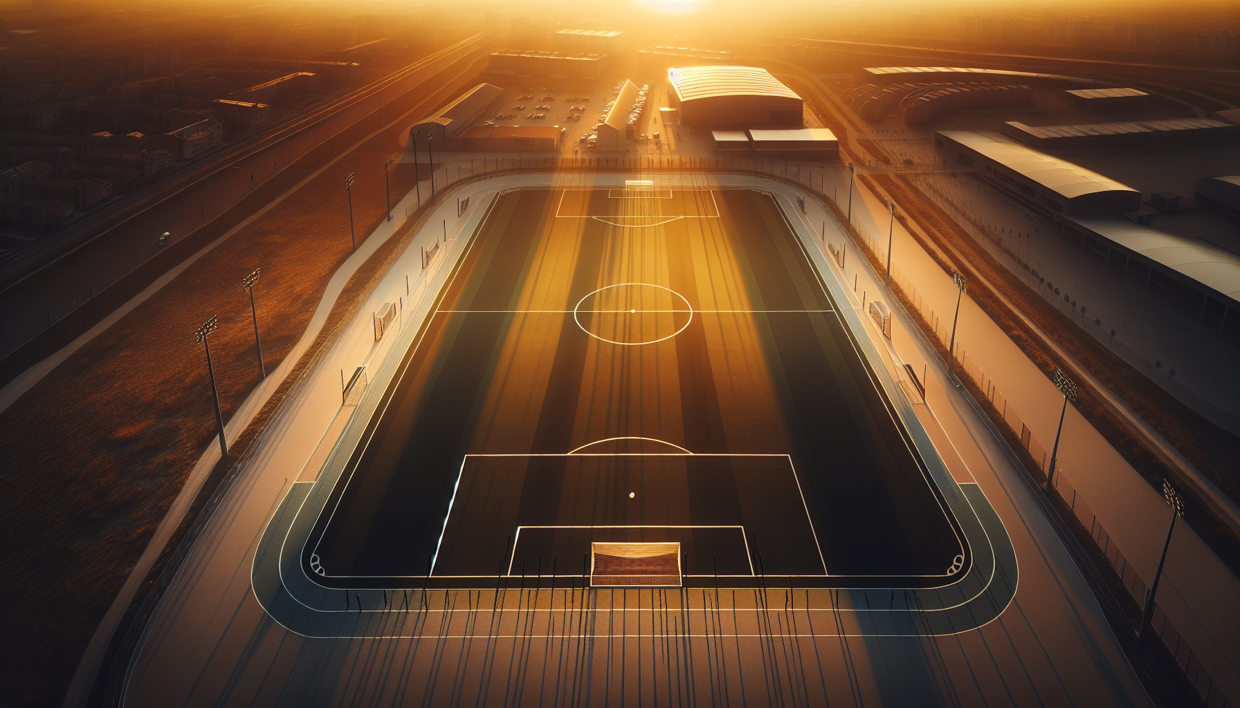 aerial view of a modern soccer field at sunset, cinematic, golden hour